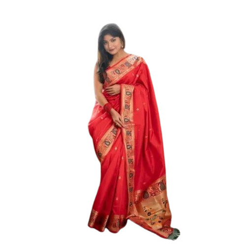 Designer Banarasi Silk Saree - 5.5 M Length with Blouse Piece, Red Color for Weddings - Elegant Printed Pattern