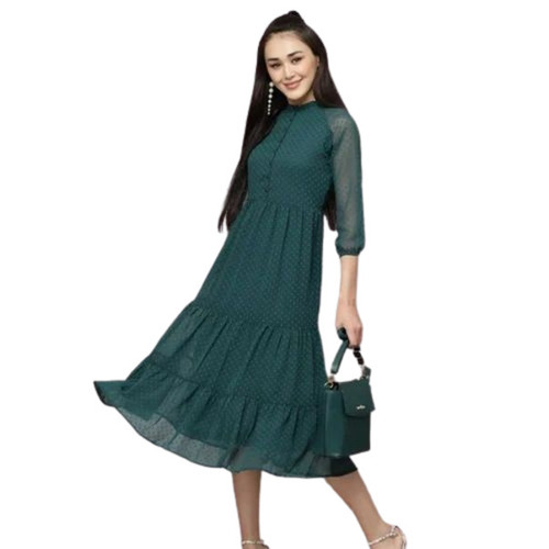 Girls Western Wears - Georgette Frock Size L Green 3/4th Sleeves Dot Print | Anti-Wrinkle Breathable Quick Dry Washable All Season