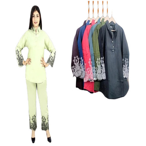 Ladies Stylish Co Ord Set - Cotton , L/XL/XXL Sizes, Light Green Color, Full Sleeves, Embroidered Pattern | Breathable, Quick Dry, No Fade, Machine Wash