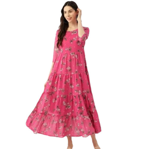 Women Georgette Maxi Dress - Large Ankle Length Pink Casual Wear | Anti Wrinkle Washable Breathable Quick Dry 3/4th Sleeves