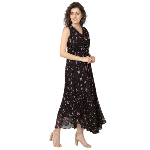 Pleated Chiffon Fit And Flare Floral Print V Neck Dress - Polyester Material, Sizes XS-XXS, Black Color | Lightweight Fabric, Breathable, Elegant Look, Adjustable Straps, Eye-Catching Print