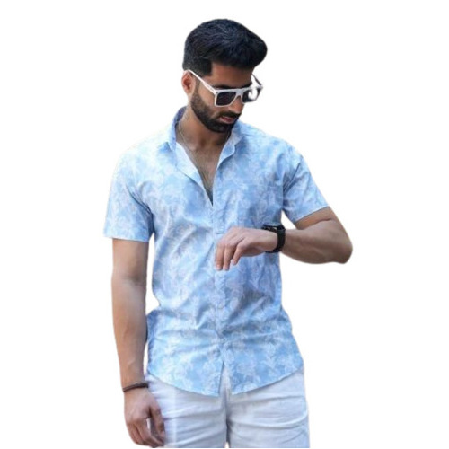 Blue Cotton Short Sleeve Shirts - 100% Pure, 60GSM Regular Fit | Lightweight, Breathable, Printed Design for Summer Wear