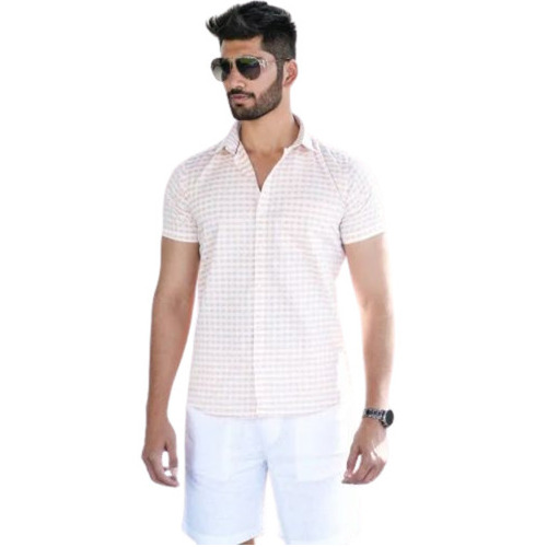 Mens Cotton Printed Pink Shirt - Regular Fit, Lightweight & Breathable Short Sleeves for Summer