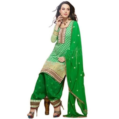 Punjabi Ladies Suit - Premium Quality Green Fabric Trendy Look with Impeccable Finish and Fine Texture Breathable and Washable for All Seasons Full Sleeves Design
