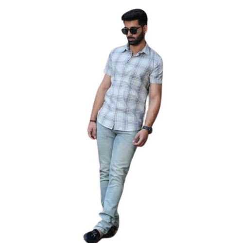 Short Sleeve Shirt - Cotton, Regular Fit, Customized Chest Size | Light Weight, Breathable, Printed Blue in Check Print Pattern