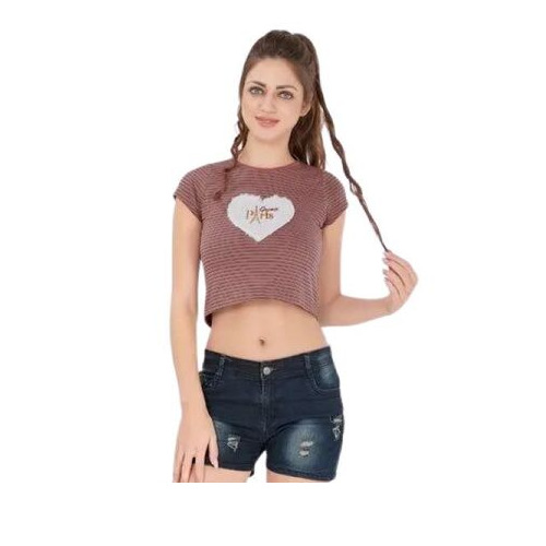 Ladies Cotton Sinker Fabric Crop Top - Cotton, Slim Fit, Brown | Breathable, Stretchable, Lightweight Design, Trendy Patterns, Comfortable Sleeves