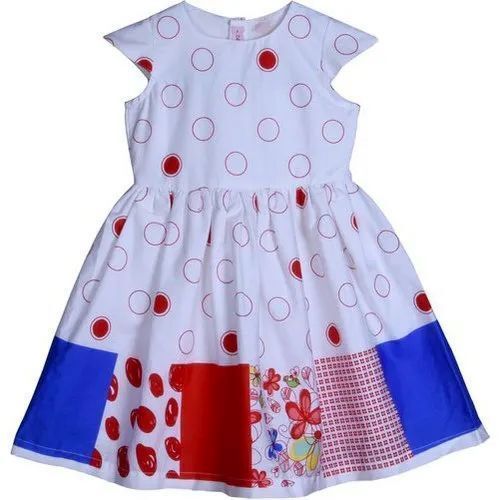 Sleeveless Fabric Kids Printed Cotton Frock - Color: White And Red