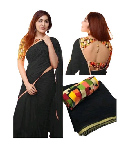 Black Plain Sarees - Material: Cotton