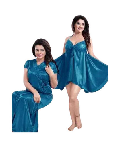 Ladies Nighty - Silk Fabric, Regular Fit, Sleeveless Design, Available in Sizes S-XXL, Blue Color, Fade and Wrinkle Resistant, Breathable and Quick Dry, Machine Washable, Ideal for Nightwear
