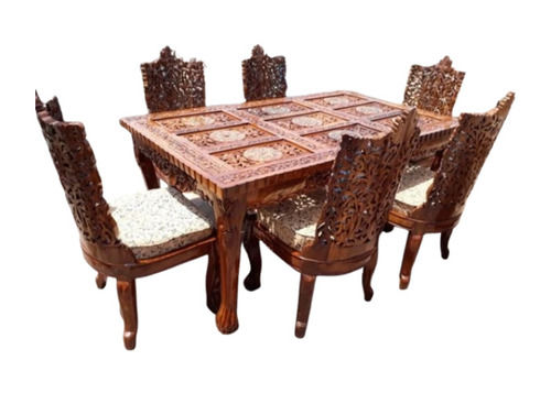 Six Seater Wooden Dining Table Set - Artwork: Wood Carving