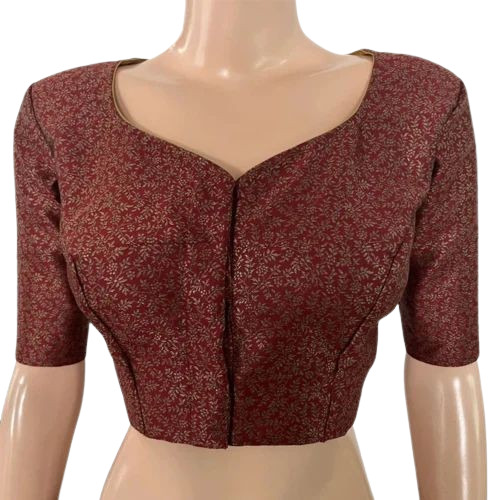 Semi Silk Blouse - Brocade Semi Silk, Customizable Size L, M, S, XL, Maroon Color - Light Weight, Breathable, Half Sleeve, Printed Pattern