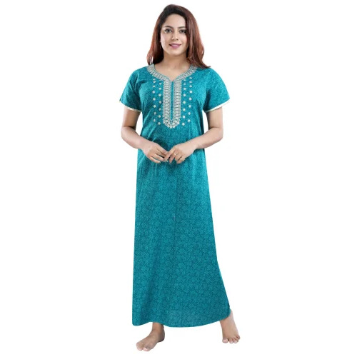 Ladies Sky Blue Embroidery Cotton Nightgown - 150 GSM, V Neck Design, Short Sleeves, Ideal for Spring, Summer, and Winter Wear