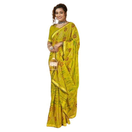Chiffon Party Wear Fancy Saree - Light Weight Breathable Cotton Blend, 5.5 M with Blouse Piece, Printed Yellow Pattern for Casual Summer and Winter Occasions