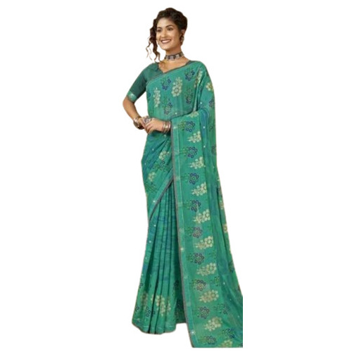 Chiffon Party Wear Saree - 100% Cotton, 5.5 M Length with Separate Blouse Piece, Green Color, Embroidered Pattern, Light Weight & Breathable, Ideal for Summer and Winter Occasions