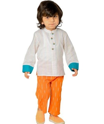 Kids Boys Cotton Shirt Pant Set - Color: White:Orange