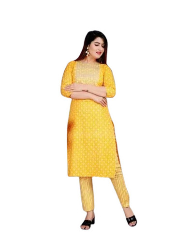 Rayon Kurtis - Regular Fit, 3/4 Sleeve, Yellow Printed Design | Anti-Wrinkle, Breathable, Quick Dry, Machine Washable