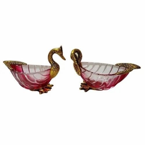 Gold Plated Duck Shaped Serving Bowl - Glass & Metal, 6 x 6 Inch, 530 gm | Features: Carved Technics, Gold Plated Finish, Indian Handicrafts
