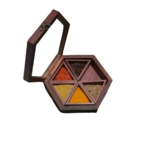 Wooden Spice Box - Polished Brown Finish, Six Container Design | Corrosion Resistant, Ideal for Home and Hotels