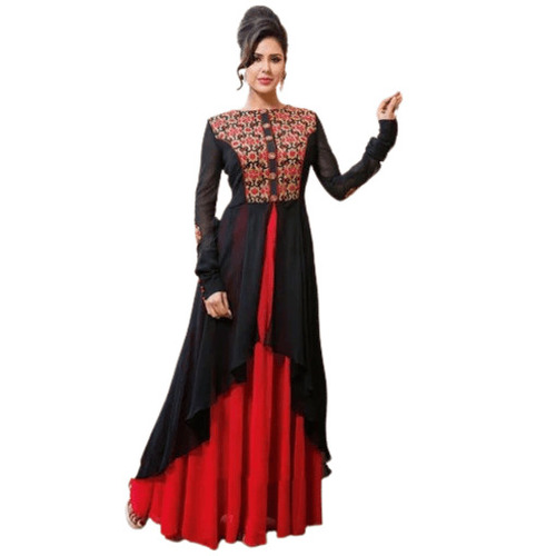 Ladies Gown - Appliqued Canvas, Regular Fit Long Length | Black & Red, Breathable Quick Dry Anti Wrinkle, Full Sleeves