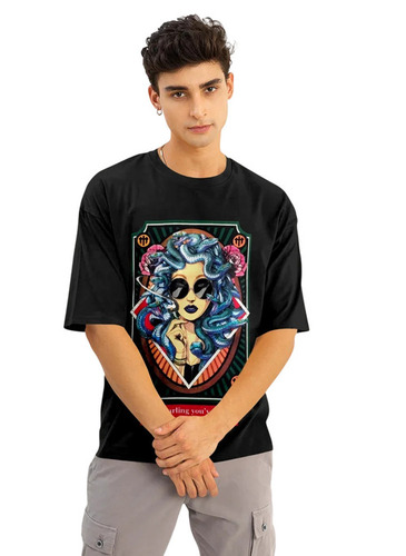 Printed Cotton T Shirt - Cotton, Size: S, M, L, XL, Color: Black | Features O-Neck Collar, Mega Sleeves, Lightweight, Breathable, 100% Pure Washable