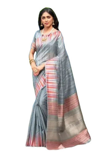 Tussar Silk Zari Weaving Saree - Color: Grey & Red