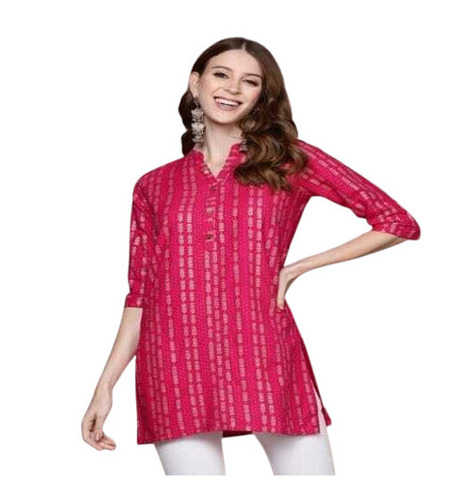 Women Short Kurti - Cotton Blend, Size L/M/S/XL, Pink Color | Features: 3-4th Sleeve, Printed Pattern, Anti-Wrinkle, Breathable, Quick Dry, Casual Style, Regular Fit, Machine Washable, Shrink & Tear Resistant