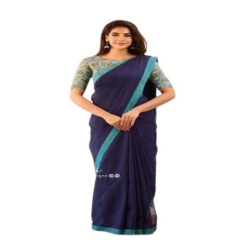 Cotton Sarees - Regular Fit, Blue Plain Cotton | Quick Dry, Breathable, Lightweight, Skin-Friendly, Fade and Wrinkle Resistant