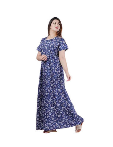 Ladies Nighty - Cotton, Customized Size, Blue Printed, Regular Fit | Breathable, Skin-Friendly, Quick Dry, Machine Washable, Ankle Length, Round Neck, Fade and Wrinkle Resistant