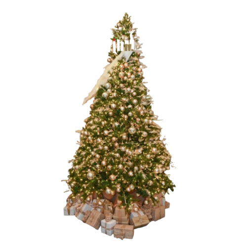 Glittering Christmas Tree With Golden Accents And Peacock Decorations