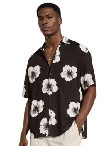 Mens Casual Bowling Shirt - Canvas Material, XXS to L Size, Black and White Print | Breathable, Lightweight, Anti UV, Water Proof, Modern Button-Down Design