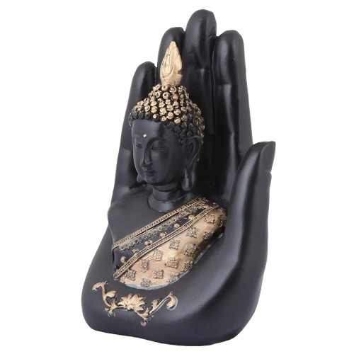Palm Buddha Statue - Resin, 8.50x6x15 cm | Black & Gold Color, 15 cm Height, Durable Design, Indian Religious Theme