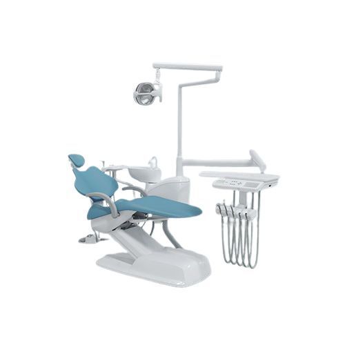 Dental Chair - Metal and Stainless Steel, Blue and White Color | Ergonomic Design, Adjustable Headrest, Motorized Recline, High Durability, Padded Upholstery, Foot Control Panel, LED Operating Light, Integrated Spittoon