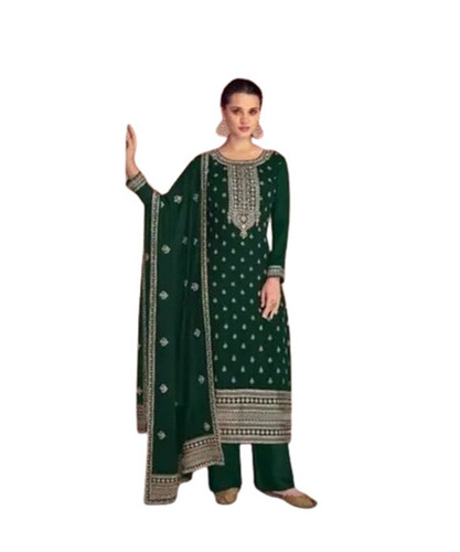 Ladies Cotton Silk 3 Piece Salwar Kameez Set - Regular Fit, Green Color | Embroidered, Anti-Wrinkle, Breathable, Quick Dry, Machine Washable, 3/4th Sleeve