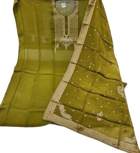 Unstitched Salwar Ladies Kameez - Cotton Blend, Customized Size, Olive Green | Anti-Wrinkle, Breathable, Elegant Design with Intricate Embroidery, Short Sleeves