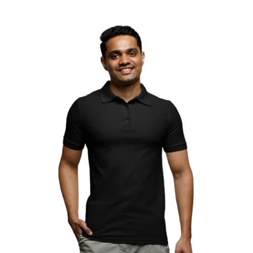 Mens Polo Neck T-Shirt - 220 GSM Cotton, Casual Wear in Black | Regular Fit, Short Sleeves, Machine Wash