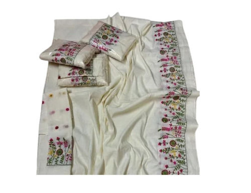 Ladies Cotton Embroidery Saree - Color: White