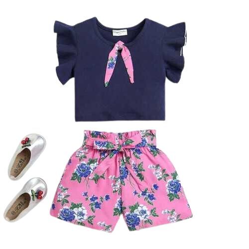 Baby Girl T-Shirt And Shorts Set - Crepe Fabric in Pink and Blue Customized Fit | Lightweight Breathable Cute Designs Easy to Wash Anti-UV Non-Irritating