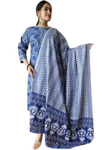 Three Piece Cotton Printed Suit - Color: Blue
