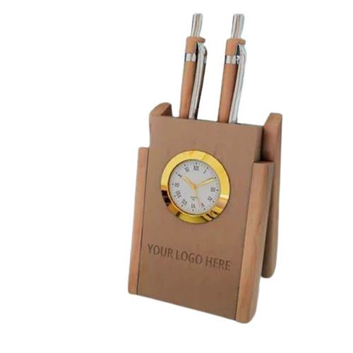 Wooden Table Clock Pen Stand - Material: Wood