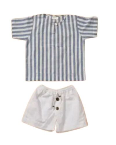 Kids Casual Shirt and Shorts Set - Cotton Blend Small Size White and Blue Color | Breathable Fabric Stylish Ethnic Design Quick Dry UV Protection Anti-Wrinkle Lightweight Soft Comfort