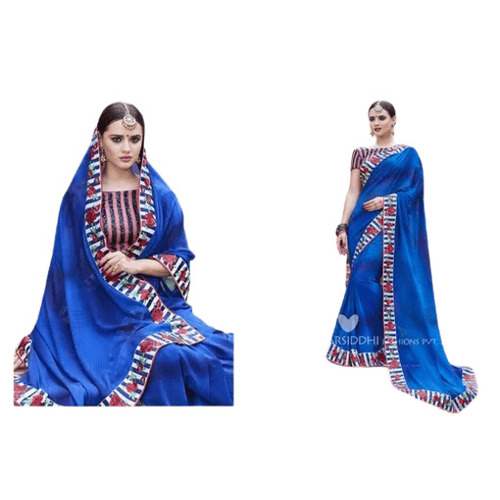 Blue Ladies Sarees - Machine Made 5.50 Meter Length Regular Fit Fade & Wrinkle Resistant | Casual Occasion Plain Pattern Blouse 0.80 Meter