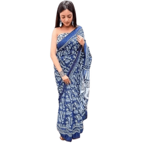 Ladies Sarees - Cotton, 5.50 Meter Length, Blue & White Printed | Regular Fit, Machine Washable, Fade & Wrinkle Resistant, Modern Style, Casual Occasion, Suitable for All Seasons
