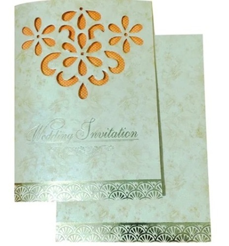 Wedding Invitation Card - Silver, Cream, and Orange Floral Single Fold Leaflet 18x8cm | Printed Rectangular Design, Other Material