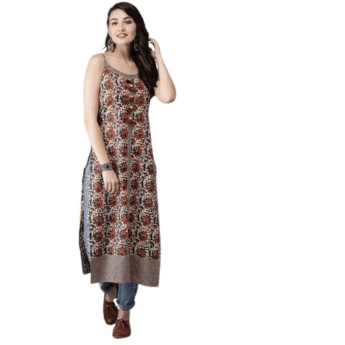 Ladies Kurtis - Multicolor Cotton Sleeveless Regular Fit | Anti-Wrinkle Breathable Lightweight Quick-Dry Skin-Friendly Machine Washable Printed Modern Style