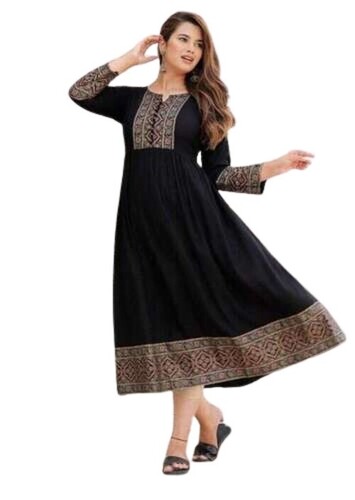 Cotton Kurti - Customized Sizes, Black Printed Design | Wrinkle-Free Comfort, Quick Dry, Long Sleeve Party Wear