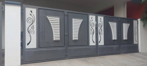 Mild Steel Gate - Height 6 Feet, Size 10x8 Feet, Gray and White Color Coated Finish | Hand Made, Anti-Rust Oil Surface Treatment, Modern Hinged Design