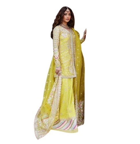 Emboidered Sharara Salwar Suit With Dupatta - Color: Green