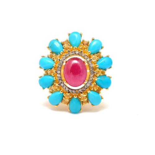 925 Sterling Silver Gold Plated Ruby & Torquise Victorian Ring - Gender: ]