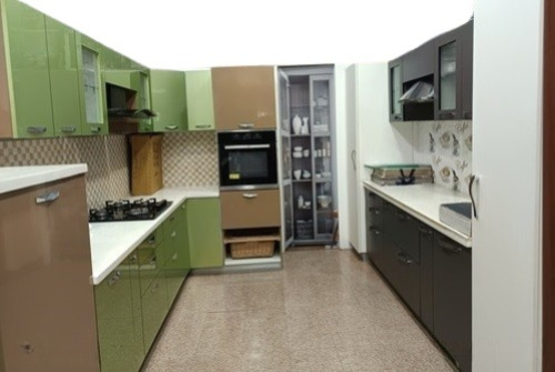 Modular Kitchens - Solid Wood & Aluminum Frame White & Brown Colors with Acrylic Sliding Doors | Fine Finished U Shape Durable & Moisture Proof Design Glass Counter Top