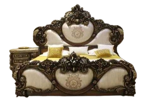 Designer Bed - Teak Wood 6x6.5 Feet Brown and Black | Handmade Artwork Velvet Fabric Foldable Indoor Furniture